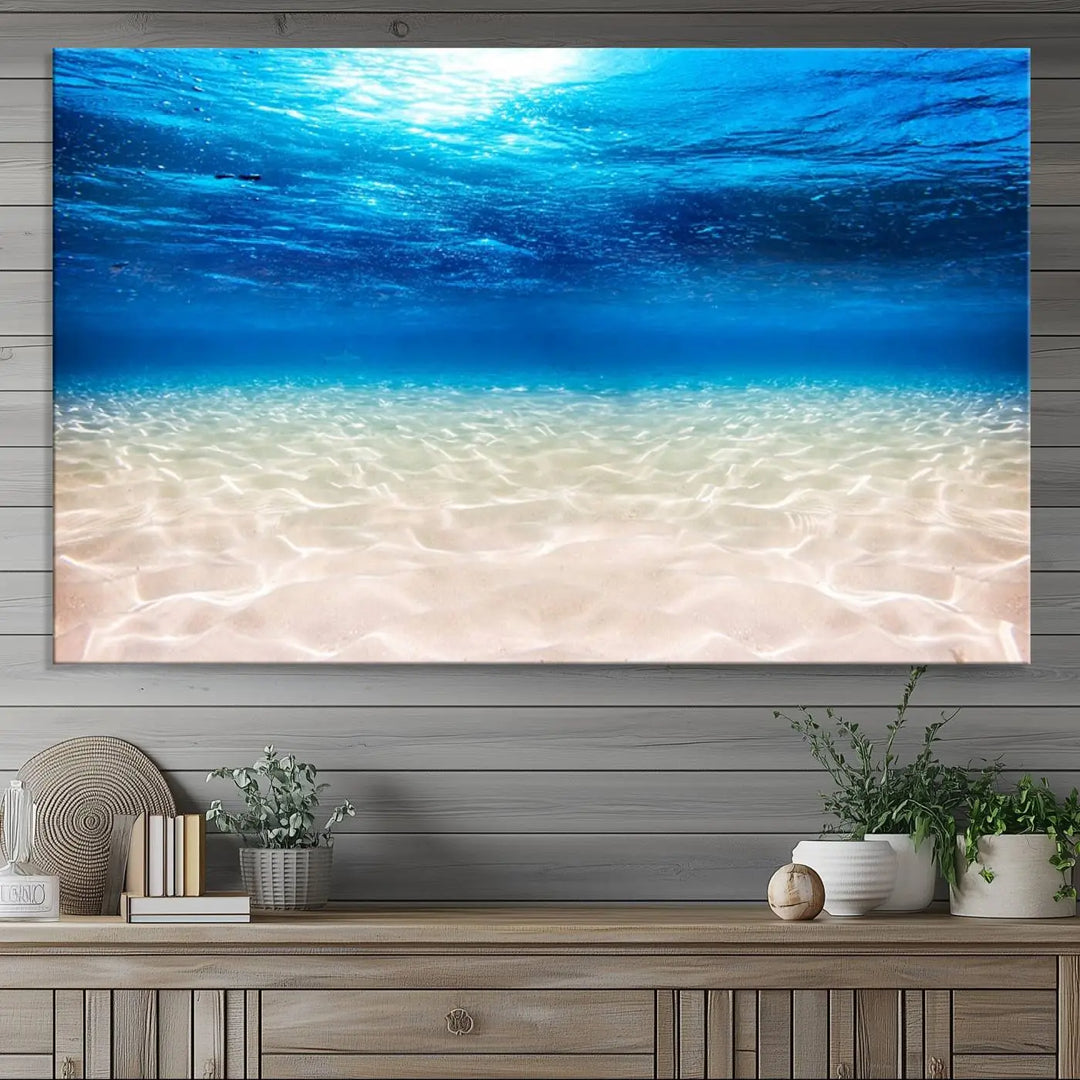 Underwater Ocean Scene Giclee Canvas Print – Serene Deep Blue Seascape Wall Art for Coastal Home Decor, Tranquil Sea Bottom Landscape