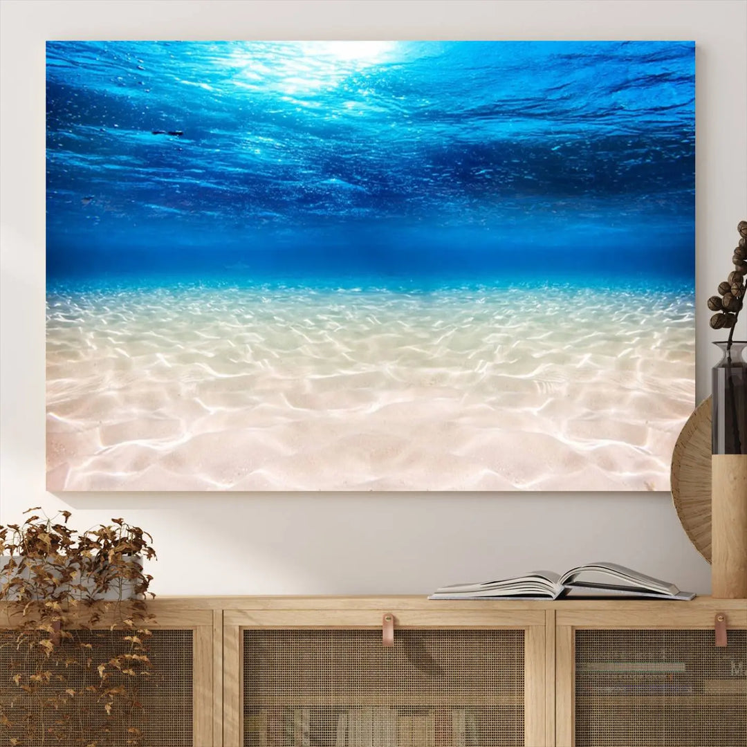 Underwater Ocean Scene Giclee Canvas Print – Serene Deep Blue Seascape Wall Art for Coastal Home Decor, Tranquil Sea Bottom Landscape