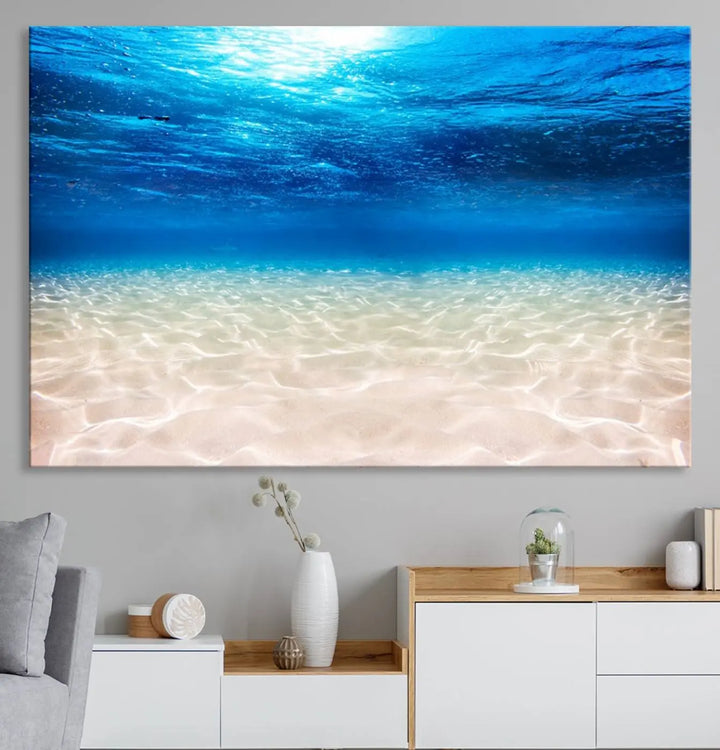 Underwater Ocean Scene Giclee Canvas Print – Serene Deep Blue Seascape Wall Art for Coastal Home Decor, Tranquil Sea Bottom Landscape