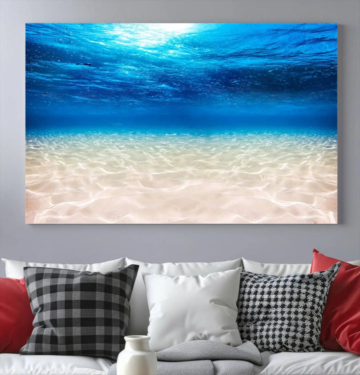 Underwater Ocean Scene Giclee Canvas Print – Serene Deep Blue Seascape Wall Art for Coastal Home Decor, Tranquil Sea Bottom Landscape