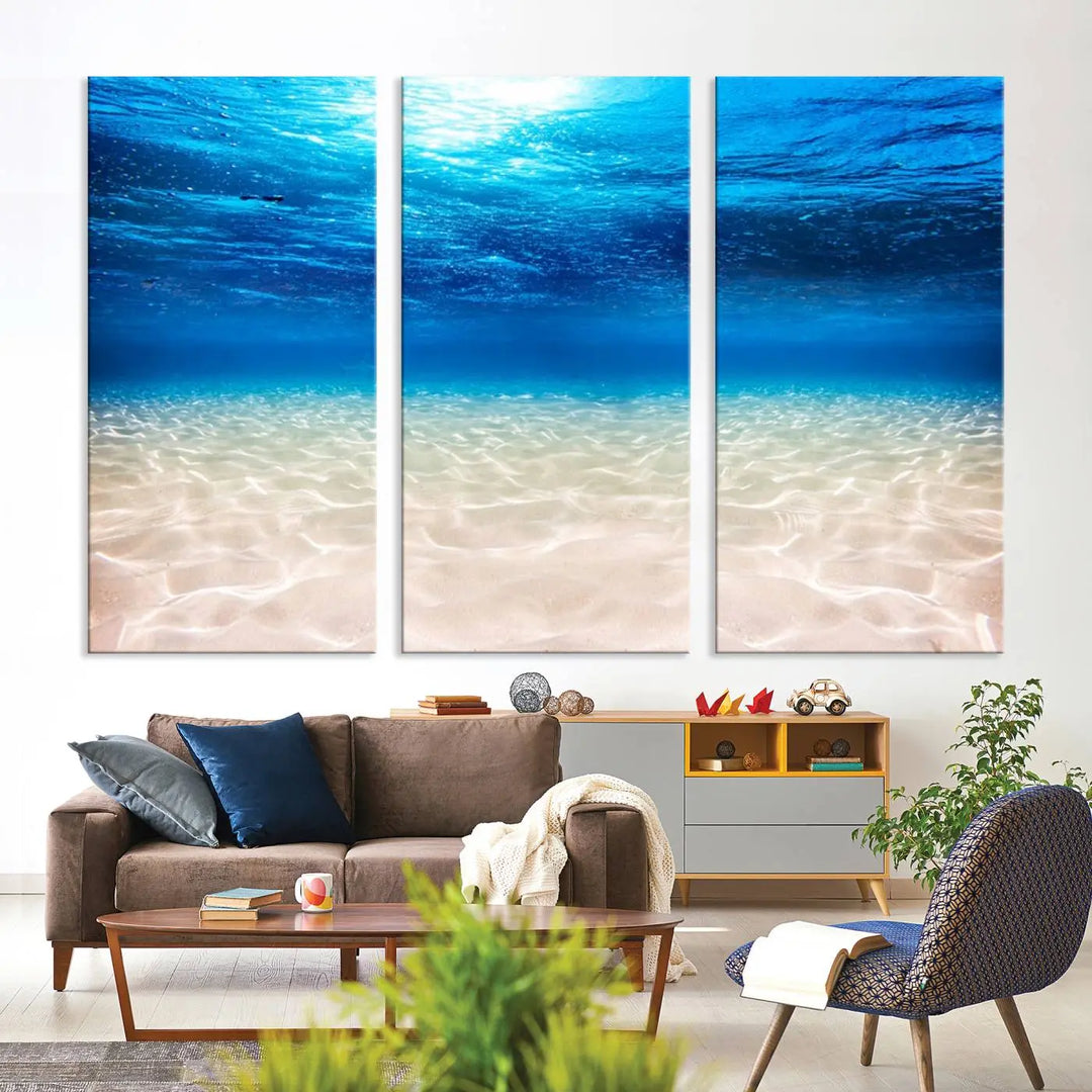 Underwater Ocean Scene Giclee Canvas Print – Serene Deep Blue Seascape Wall Art for Coastal Home Decor, Tranquil Sea Bottom Landscape