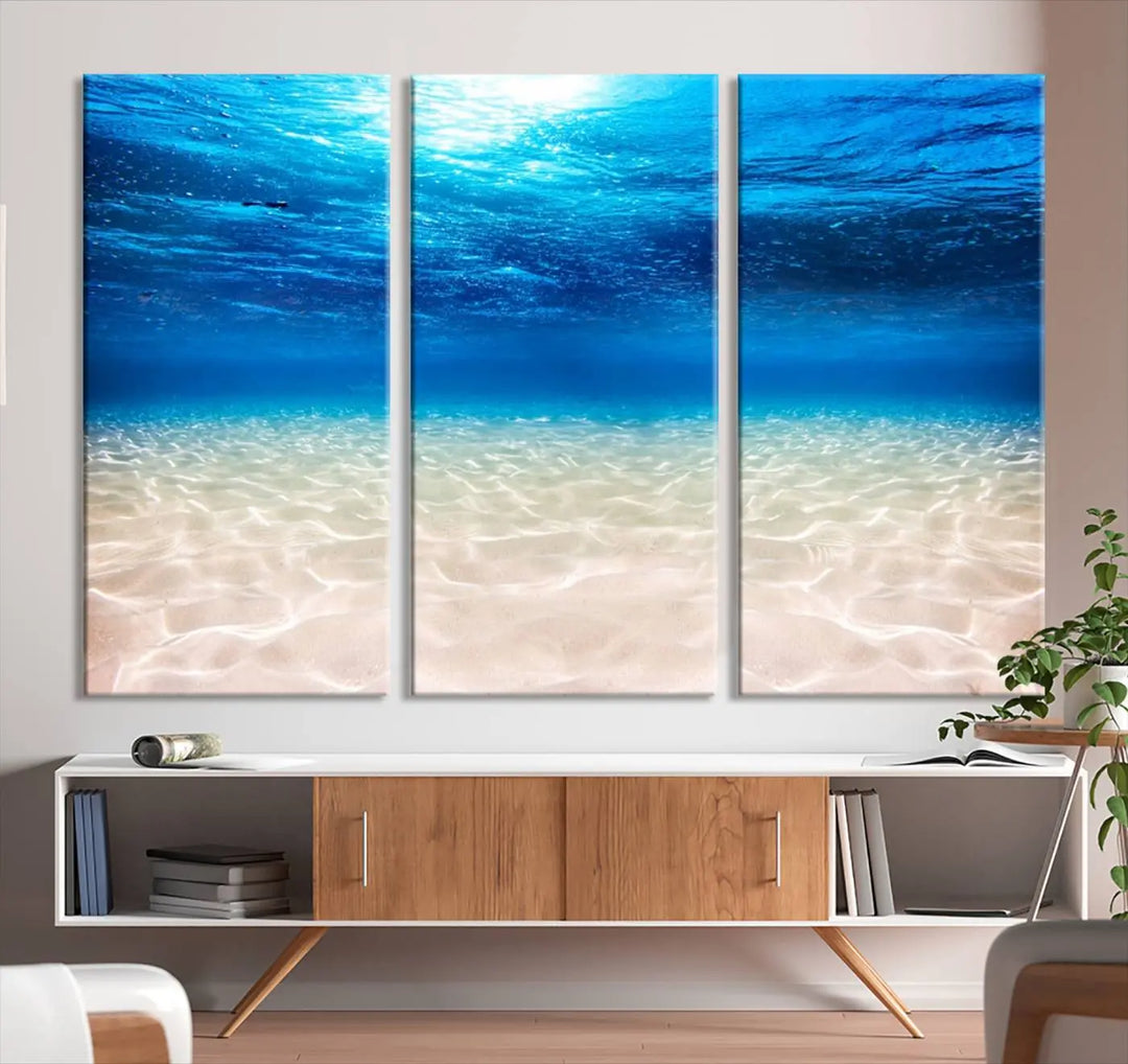 Underwater Ocean Scene Giclee Canvas Print – Serene Deep Blue Seascape Wall Art for Coastal Home Decor, Tranquil Sea Bottom Landscape