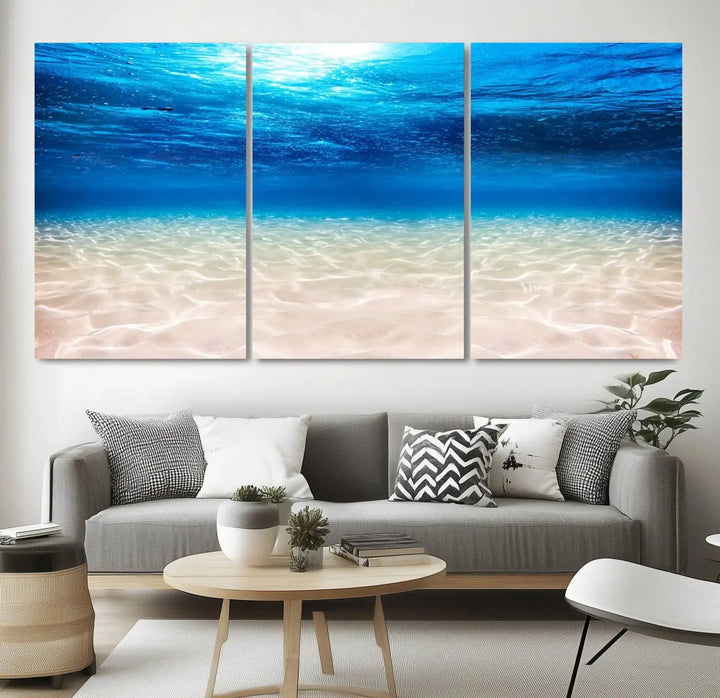 Underwater Ocean Scene Giclee Canvas Print – Serene Deep Blue Seascape Wall Art for Coastal Home Decor, Tranquil Sea Bottom Landscape