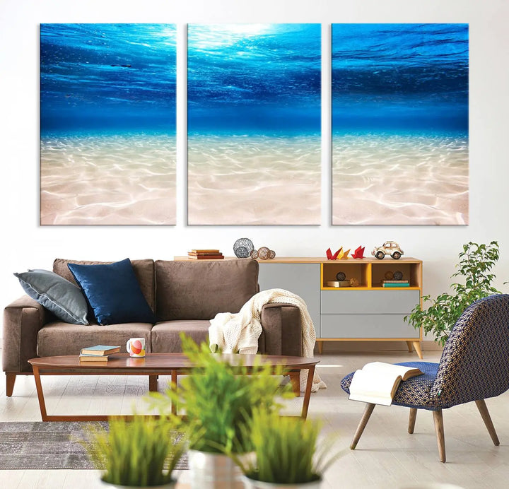 Underwater Ocean Scene Giclee Canvas Print – Serene Deep Blue Seascape Wall Art for Coastal Home Decor, Tranquil Sea Bottom Landscape