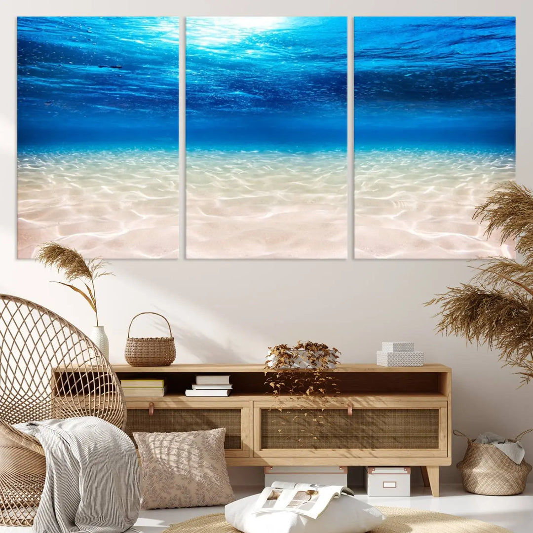 Underwater Ocean Scene Giclee Canvas Print – Serene Deep Blue Seascape Wall Art for Coastal Home Decor, Tranquil Sea Bottom Landscape