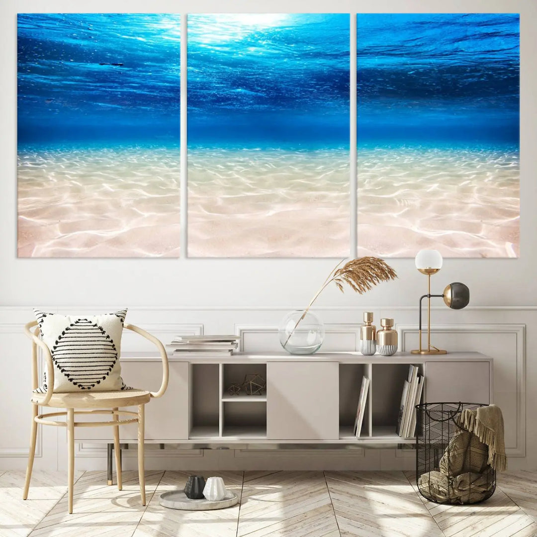 Underwater Ocean Scene Giclee Canvas Print – Serene Deep Blue Seascape Wall Art for Coastal Home Decor, Tranquil Sea Bottom Landscape