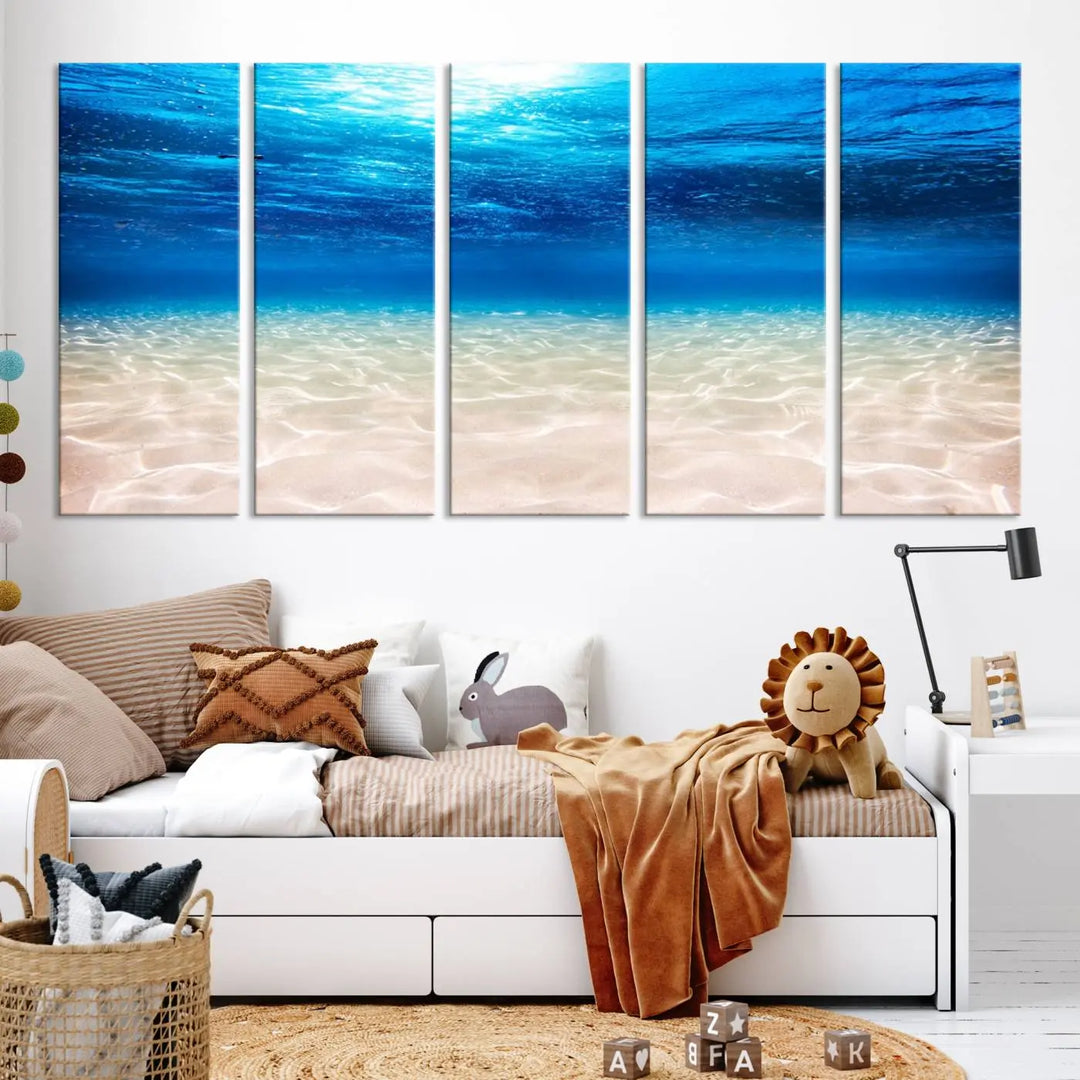 Underwater Ocean Scene Giclee Canvas Print – Serene Deep Blue Seascape Wall Art for Coastal Home Decor, Tranquil Sea Bottom Landscape