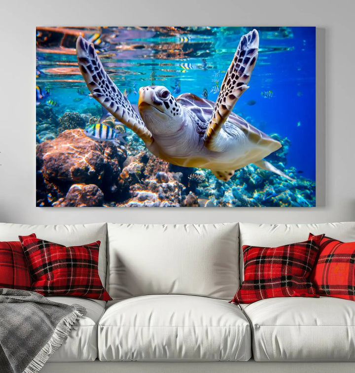 The "Underwater Sea Turtle Wall Art Canvas Print" features a sea turtle gliding elegantly over a vibrant coral reef, creating a stunning focal point. It comes ready to hang for easy display.