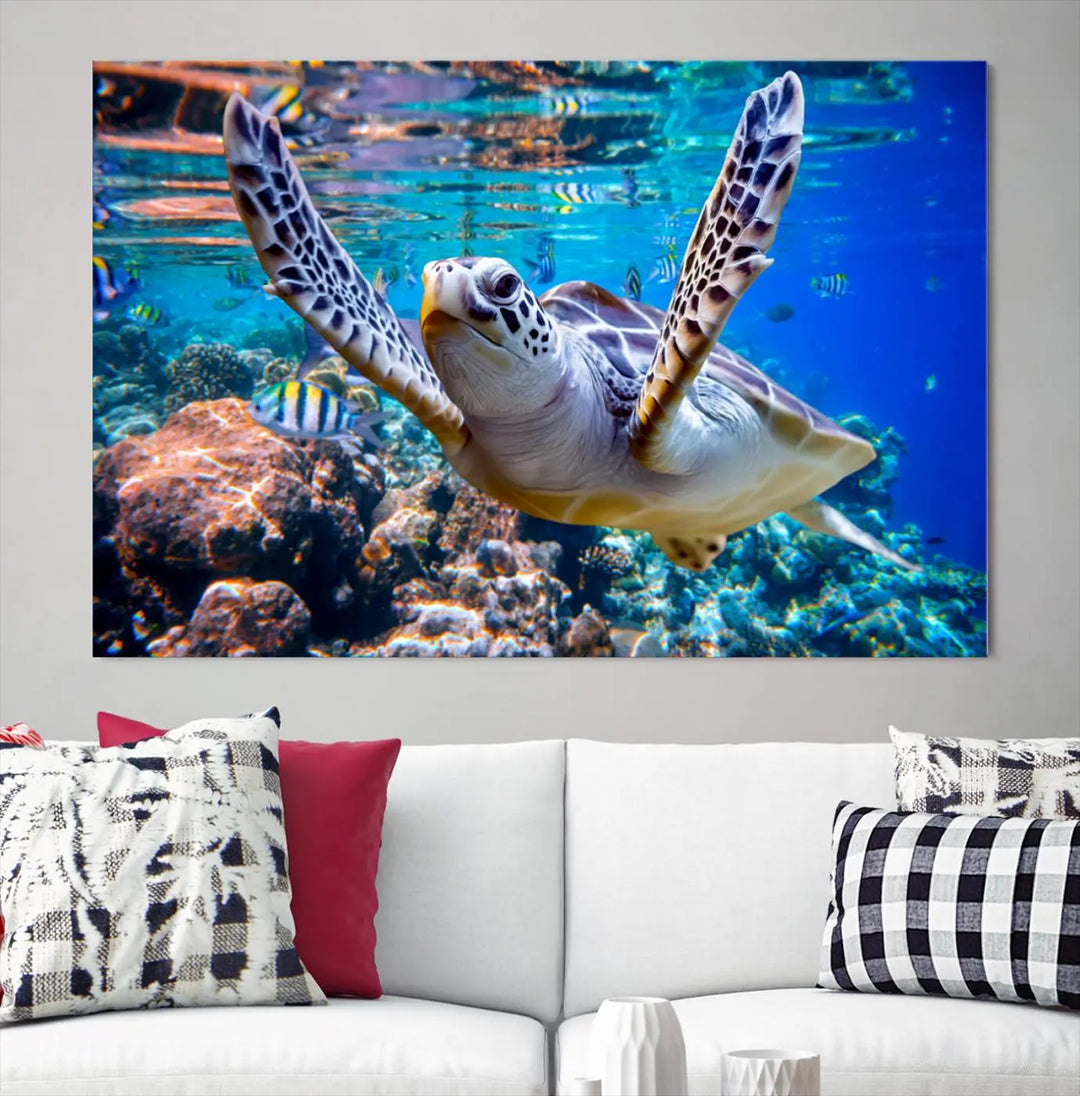 The "Underwater Sea Turtle Wall Art Canvas Print" features a sea turtle gliding elegantly over a vibrant coral reef, creating a stunning focal point. It comes ready to hang for easy display.