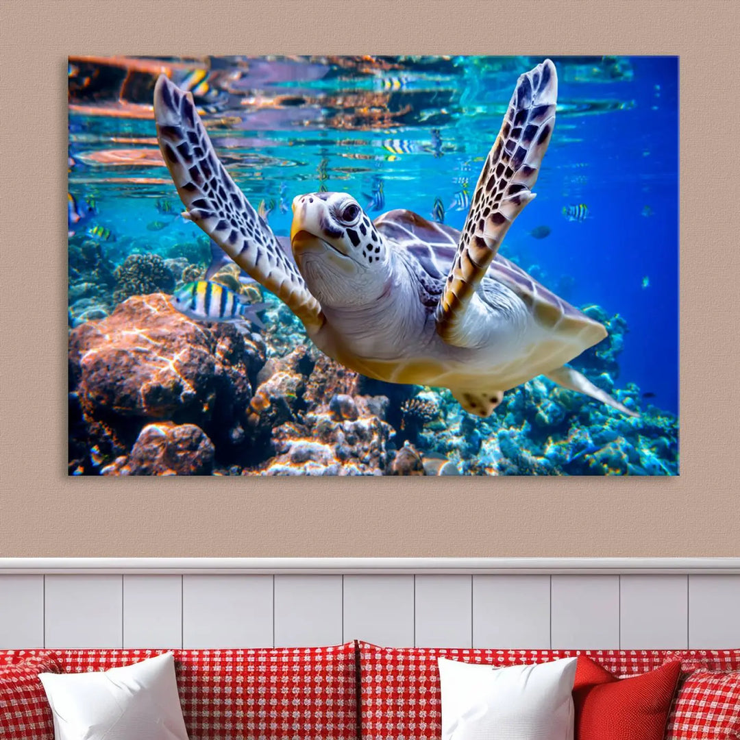 The "Underwater Sea Turtle Wall Art Canvas Print" features a sea turtle gliding elegantly over a vibrant coral reef, creating a stunning focal point. It comes ready to hang for easy display.