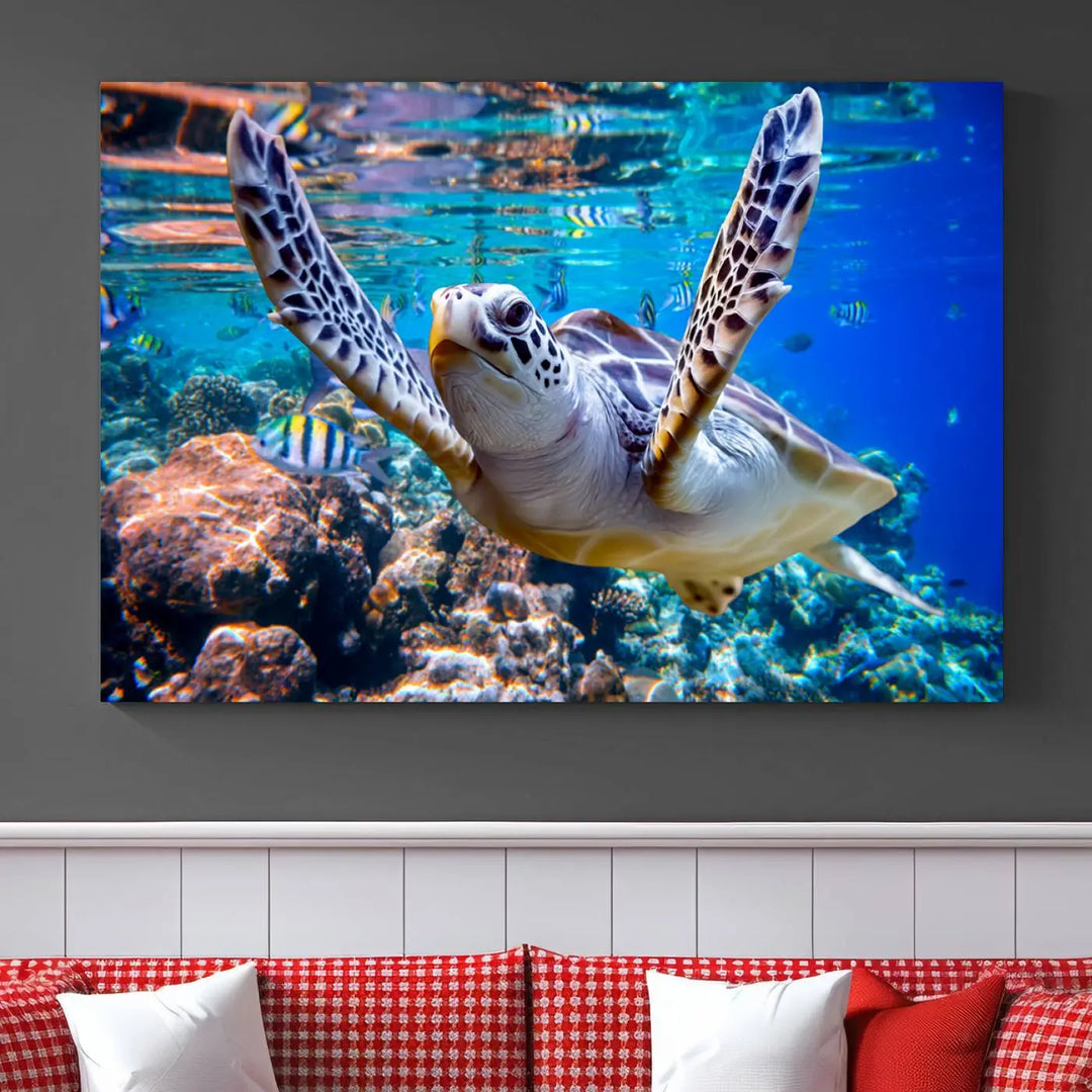 The "Underwater Sea Turtle Wall Art Canvas Print" features a sea turtle gliding elegantly over a vibrant coral reef, creating a stunning focal point. It comes ready to hang for easy display.