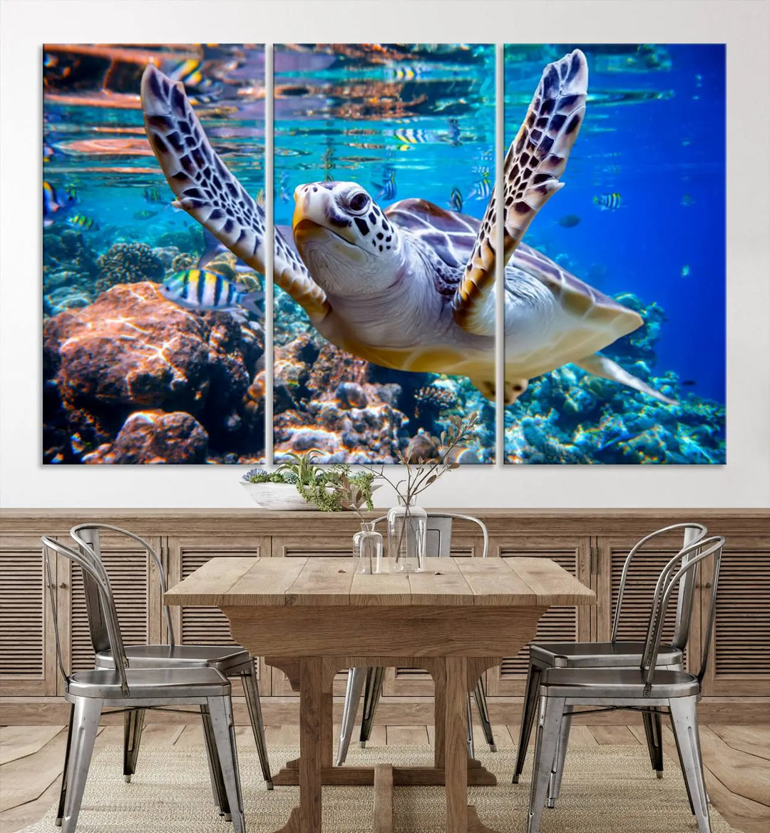 The "Underwater Sea Turtle Wall Art Canvas Print" features a sea turtle gliding elegantly over a vibrant coral reef, creating a stunning focal point. It comes ready to hang for easy display.