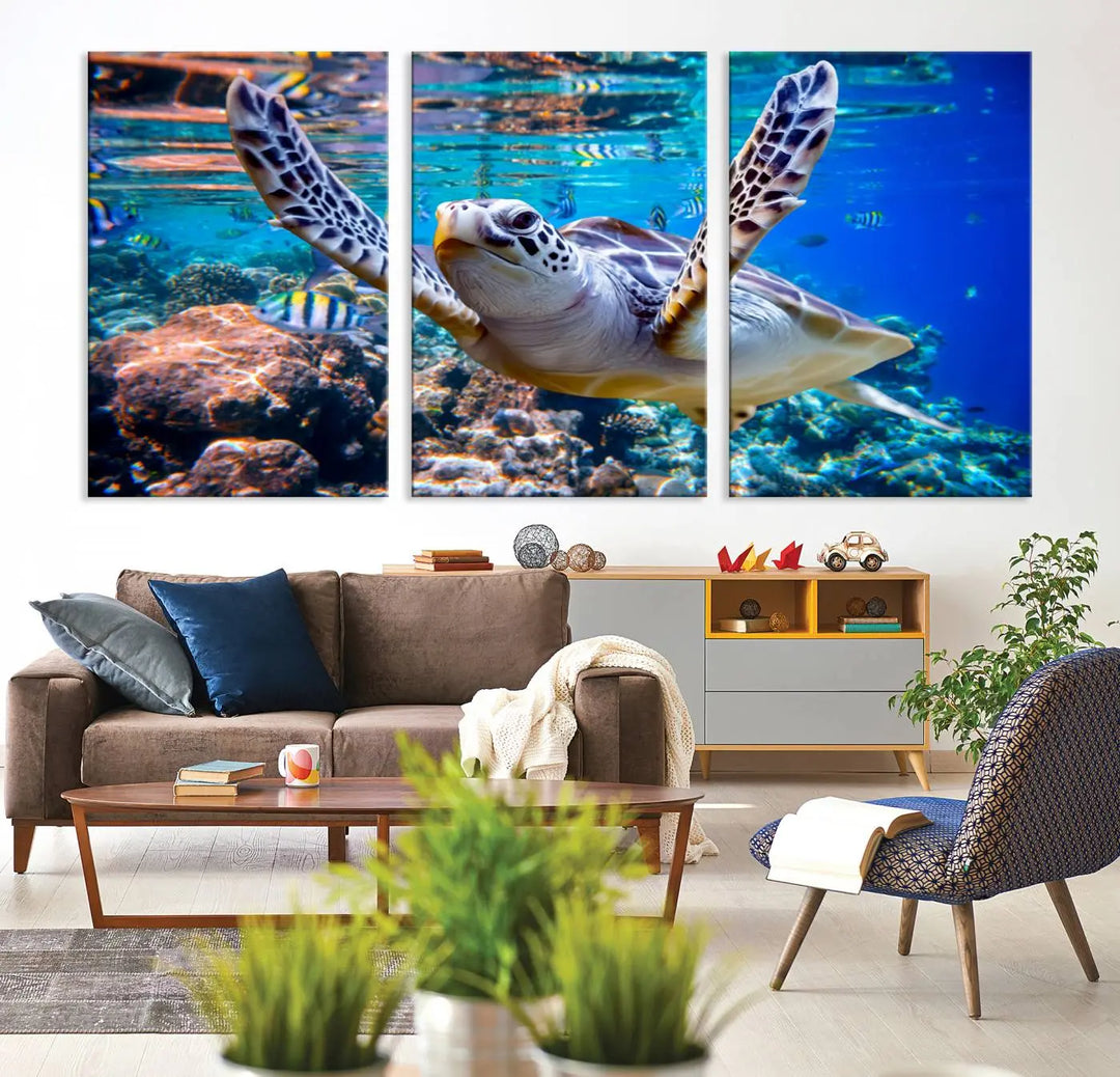 The "Underwater Sea Turtle Wall Art Canvas Print" features a sea turtle gliding elegantly over a vibrant coral reef, creating a stunning focal point. It comes ready to hang for easy display.