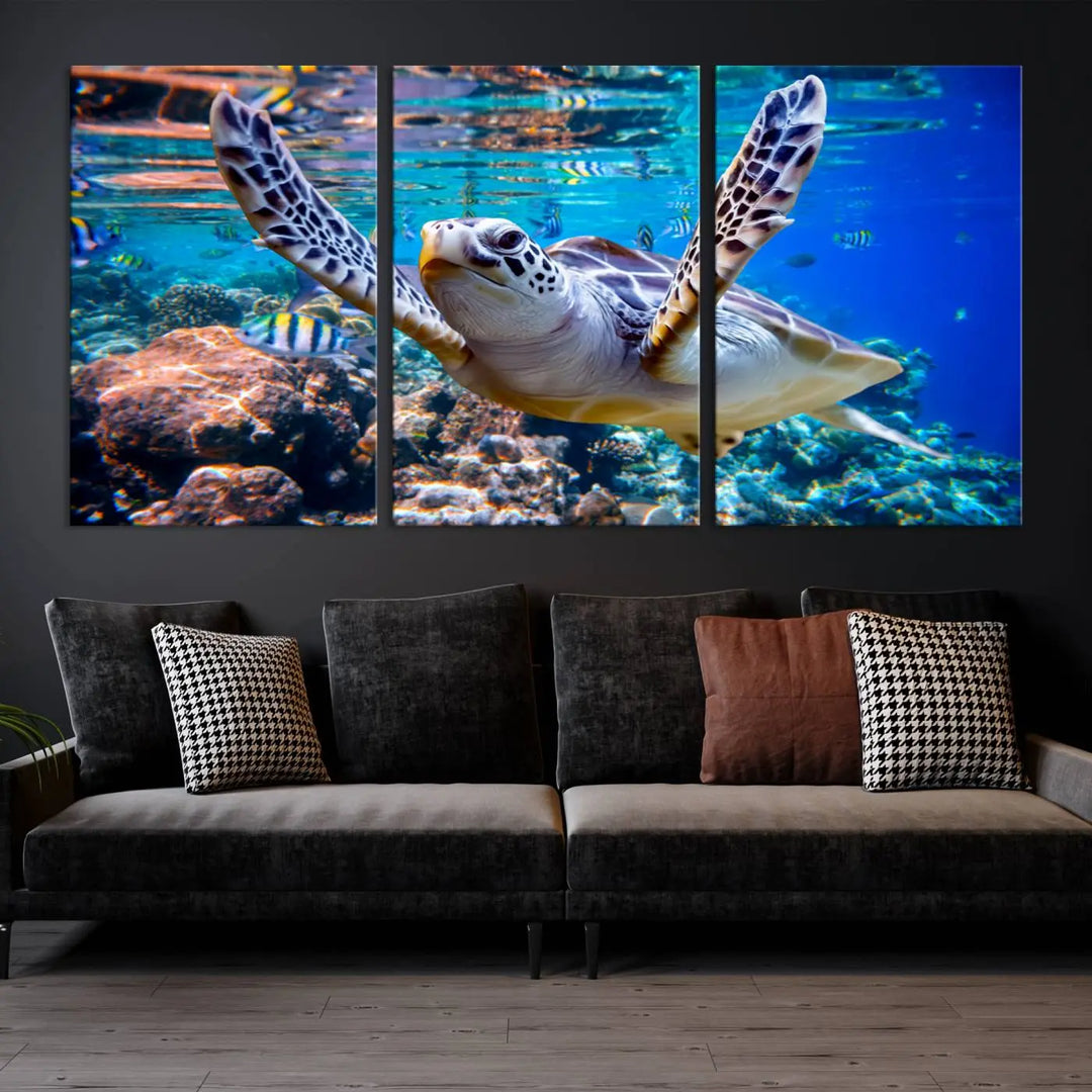 The "Underwater Sea Turtle Wall Art Canvas Print" features a sea turtle gliding elegantly over a vibrant coral reef, creating a stunning focal point. It comes ready to hang for easy display.