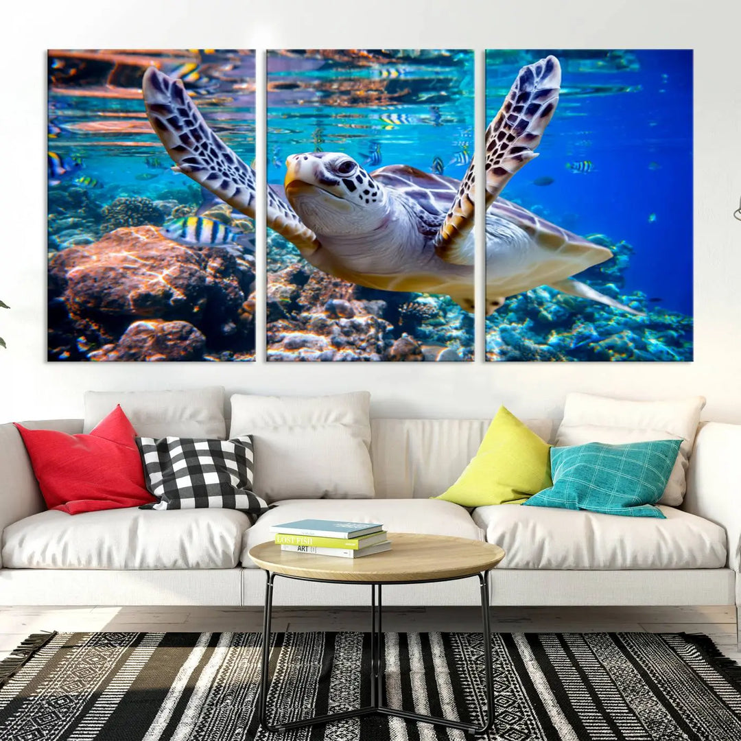 The "Underwater Sea Turtle Wall Art Canvas Print" features a sea turtle gliding elegantly over a vibrant coral reef, creating a stunning focal point. It comes ready to hang for easy display.