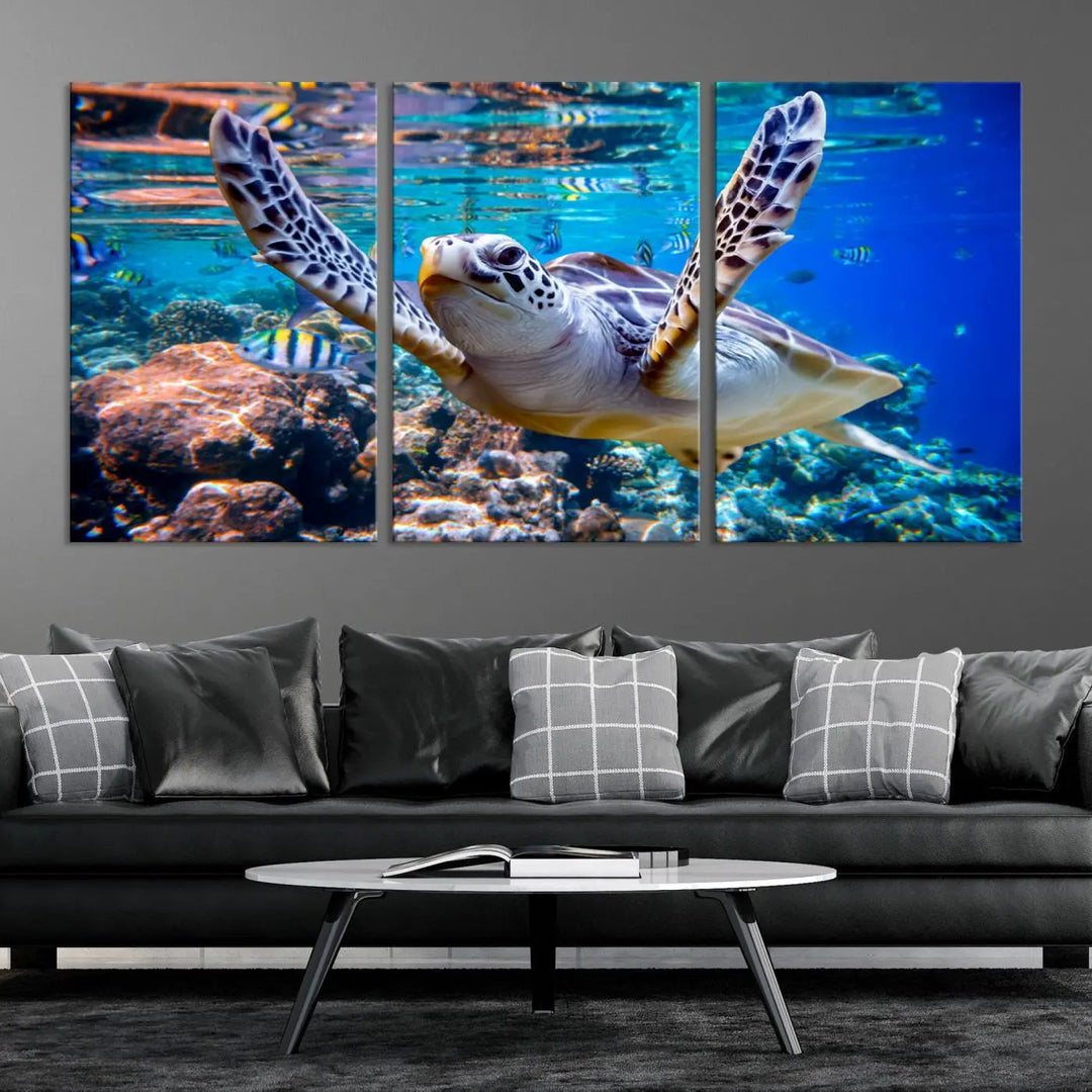 The "Underwater Sea Turtle Wall Art Canvas Print" features a sea turtle gliding elegantly over a vibrant coral reef, creating a stunning focal point. It comes ready to hang for easy display.