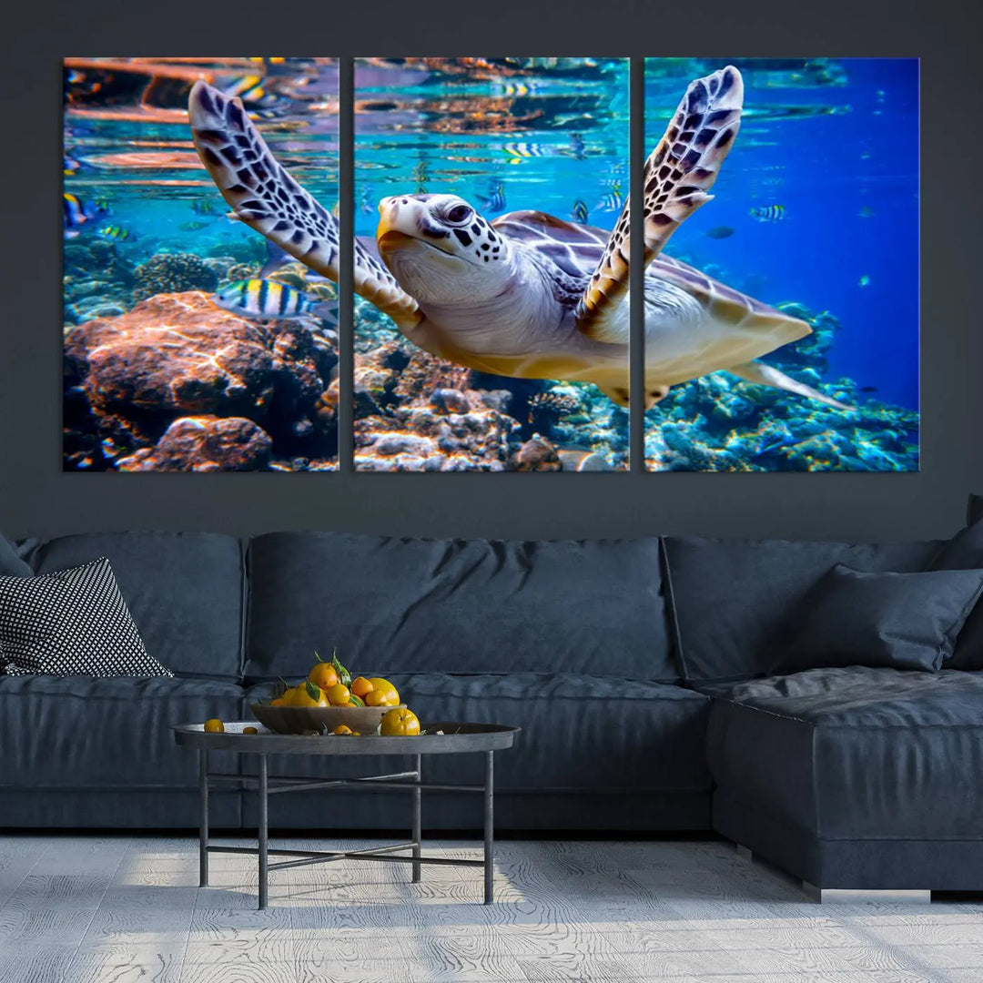 The "Underwater Sea Turtle Wall Art Canvas Print" features a sea turtle gliding elegantly over a vibrant coral reef, creating a stunning focal point. It comes ready to hang for easy display.