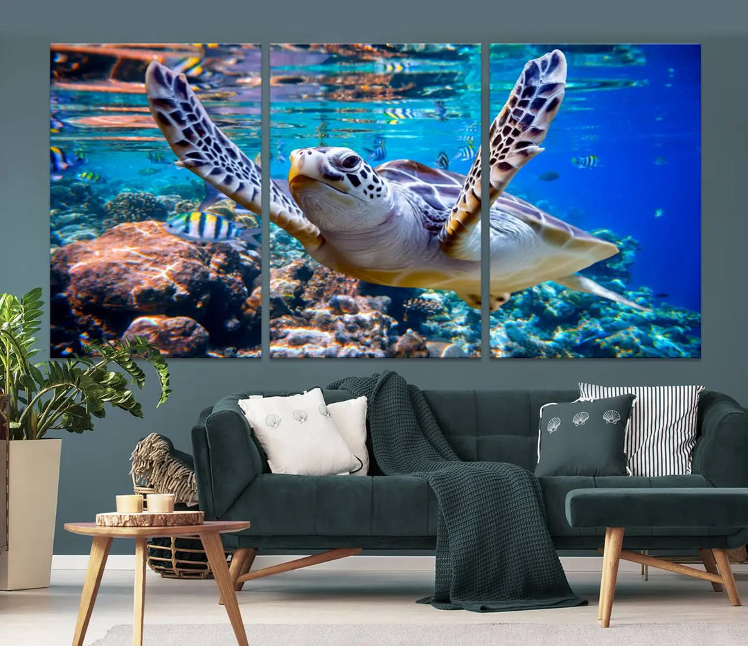 The "Underwater Sea Turtle Wall Art Canvas Print" features a sea turtle gliding elegantly over a vibrant coral reef, creating a stunning focal point. It comes ready to hang for easy display.