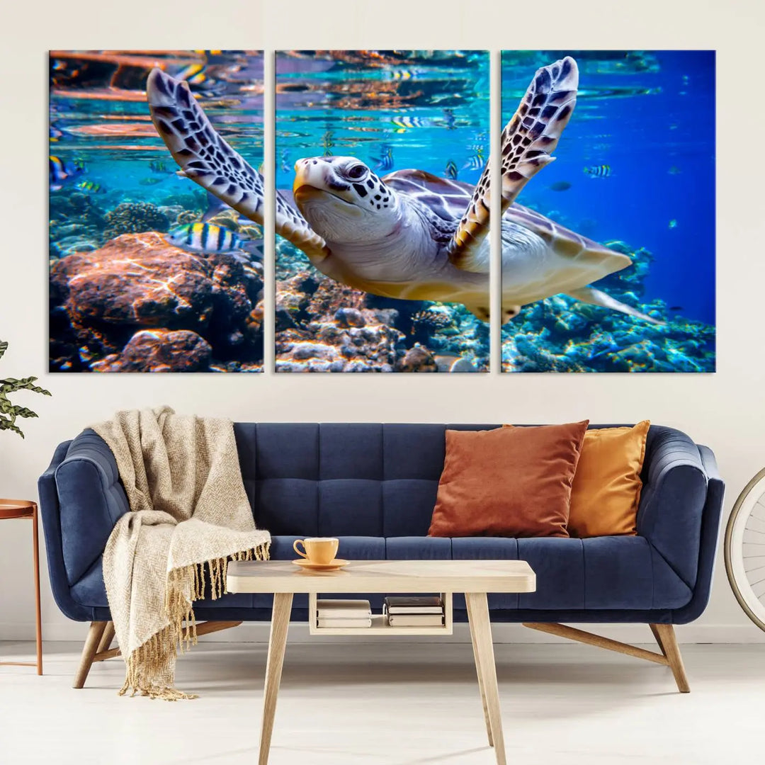 The "Underwater Sea Turtle Wall Art Canvas Print" features a sea turtle gliding elegantly over a vibrant coral reef, creating a stunning focal point. It comes ready to hang for easy display.