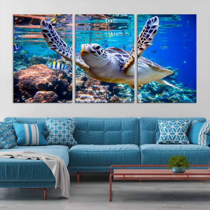 The "Underwater Sea Turtle Wall Art Canvas Print" features a sea turtle gliding elegantly over a vibrant coral reef, creating a stunning focal point. It comes ready to hang for easy display.