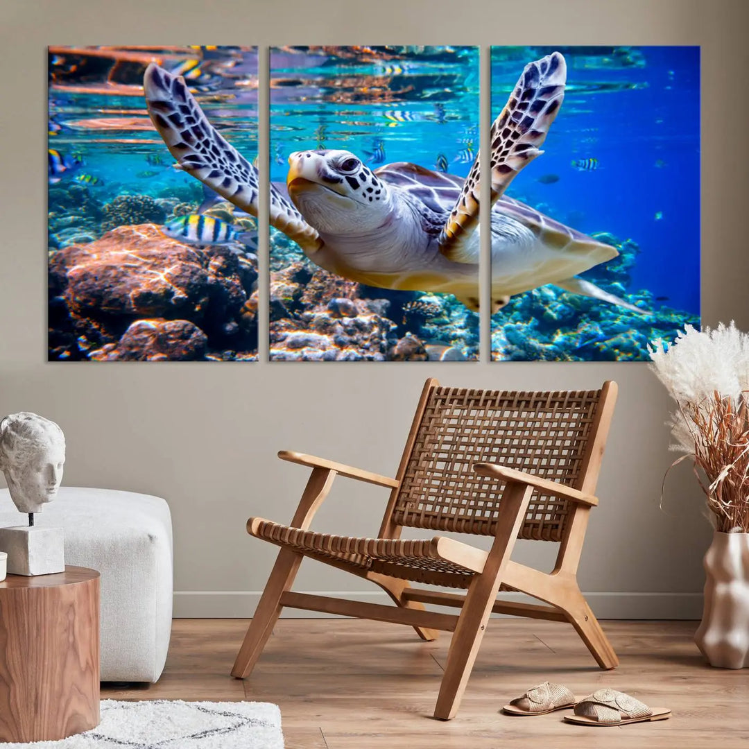 The "Underwater Sea Turtle Wall Art Canvas Print" features a sea turtle gliding elegantly over a vibrant coral reef, creating a stunning focal point. It comes ready to hang for easy display.