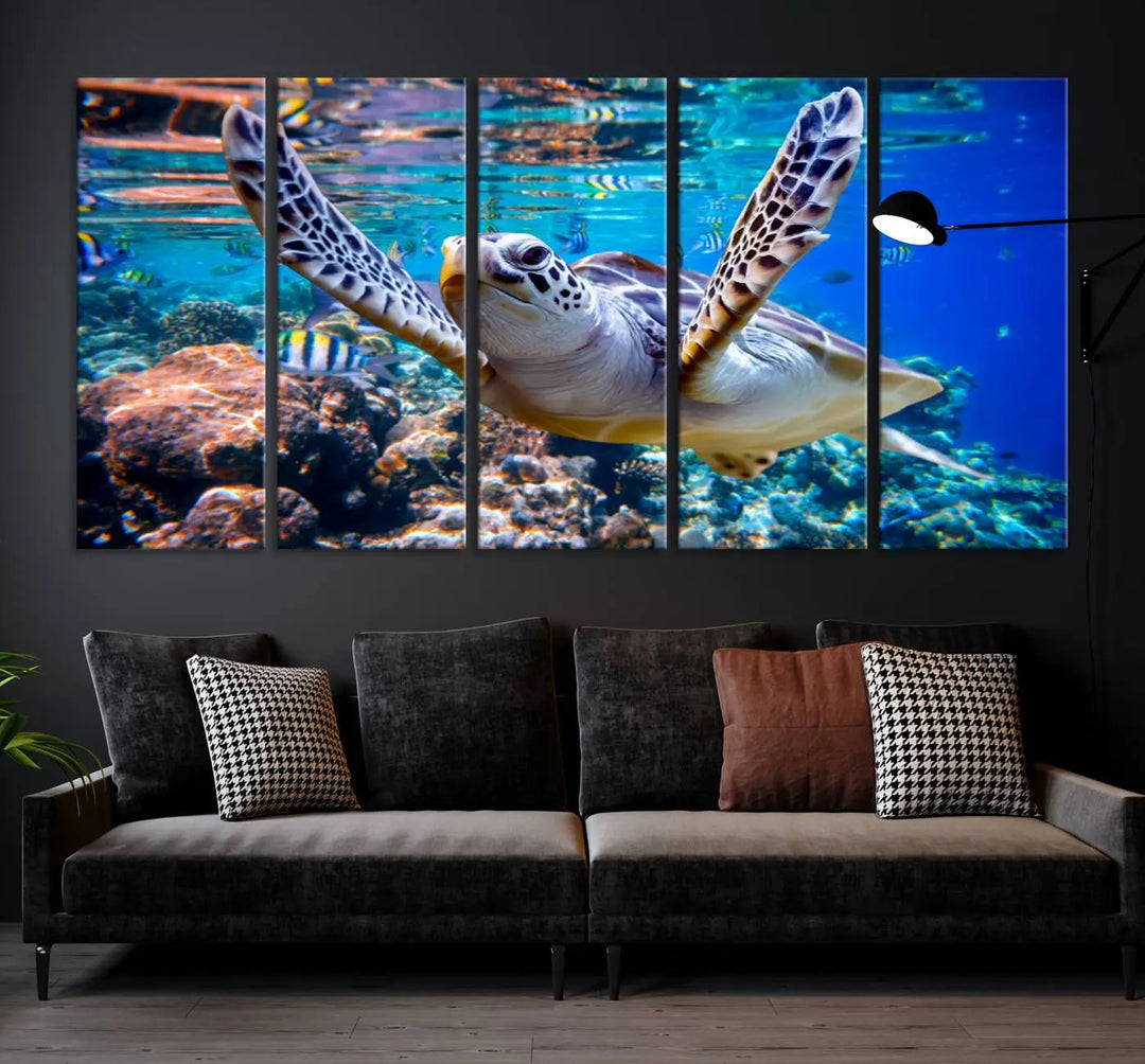 The "Underwater Sea Turtle Wall Art Canvas Print" features a sea turtle gliding elegantly over a vibrant coral reef, creating a stunning focal point. It comes ready to hang for easy display.