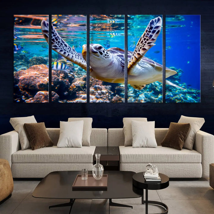 The "Underwater Sea Turtle Wall Art Canvas Print" features a sea turtle gliding elegantly over a vibrant coral reef, creating a stunning focal point. It comes ready to hang for easy display.