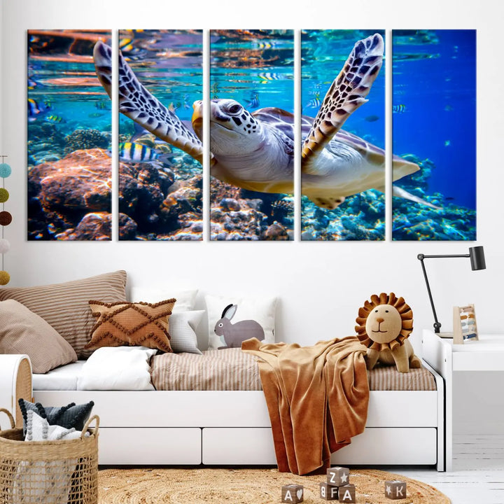 The "Underwater Sea Turtle Wall Art Canvas Print" features a sea turtle gliding elegantly over a vibrant coral reef, creating a stunning focal point. It comes ready to hang for easy display.