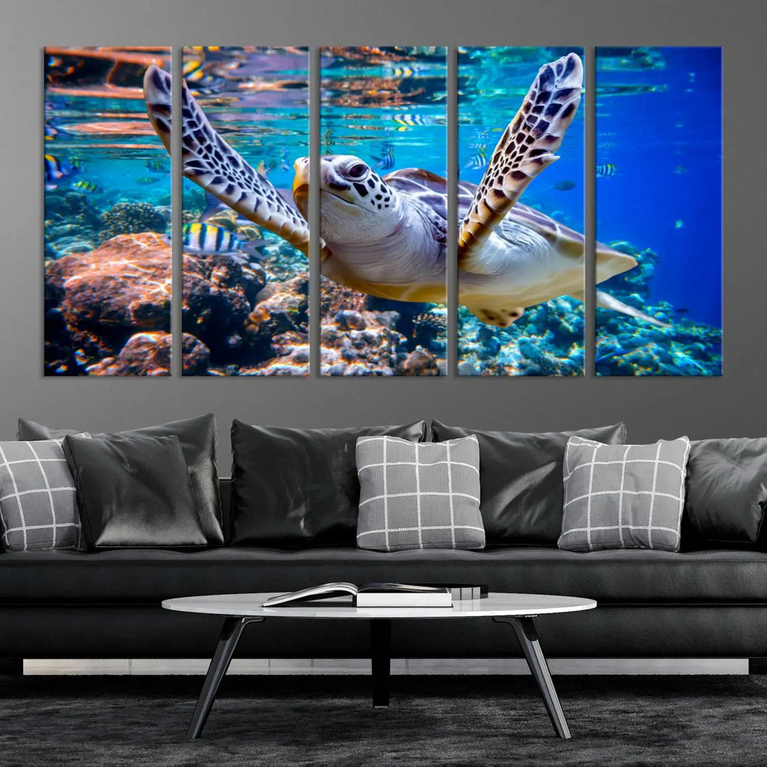 The "Underwater Sea Turtle Wall Art Canvas Print" features a sea turtle gliding elegantly over a vibrant coral reef, creating a stunning focal point. It comes ready to hang for easy display.