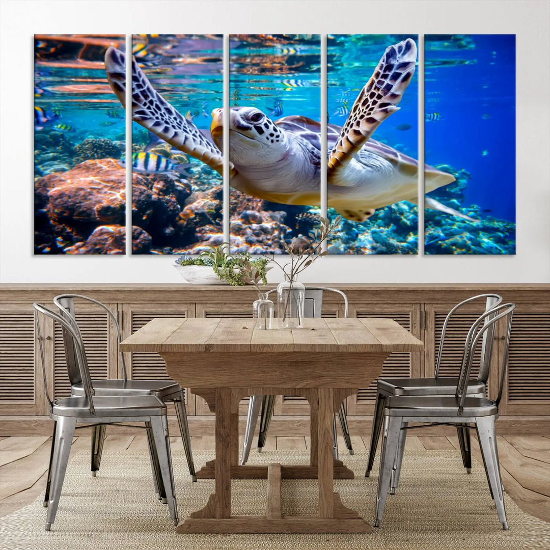 The "Underwater Sea Turtle Wall Art Canvas Print" features a sea turtle gliding elegantly over a vibrant coral reef, creating a stunning focal point. It comes ready to hang for easy display.