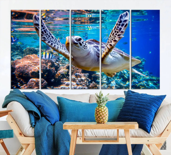 The "Underwater Sea Turtle Wall Art Canvas Print" features a sea turtle gliding elegantly over a vibrant coral reef, creating a stunning focal point. It comes ready to hang for easy display.