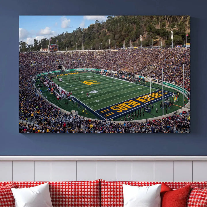 A large depiction of the University of California Golden Bears Football Team is captured in a stunning canvas print of Berkeley California Memorial Stadium. This artwork is split into three canvases with a gallery-quality finish, transforming the room into a contemporary display of wall art.