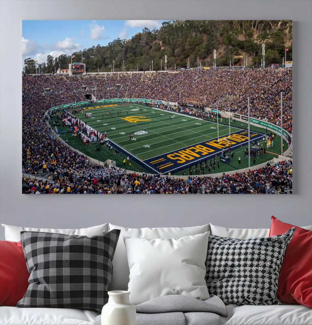 A large depiction of the University of California Golden Bears Football Team is captured in a stunning canvas print of Berkeley California Memorial Stadium. This artwork is split into three canvases with a gallery-quality finish, transforming the room into a contemporary display of wall art.