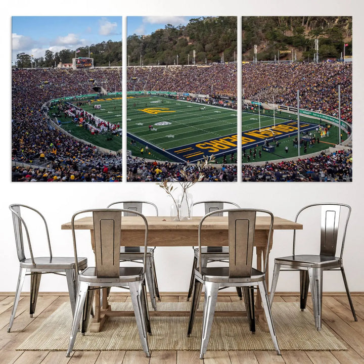 A large depiction of the University of California Golden Bears Football Team is captured in a stunning canvas print of Berkeley California Memorial Stadium. This artwork is split into three canvases with a gallery-quality finish, transforming the room into a contemporary display of wall art.