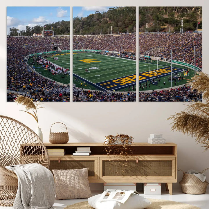 A large depiction of the University of California Golden Bears Football Team is captured in a stunning canvas print of Berkeley California Memorial Stadium. This artwork is split into three canvases with a gallery-quality finish, transforming the room into a contemporary display of wall art.