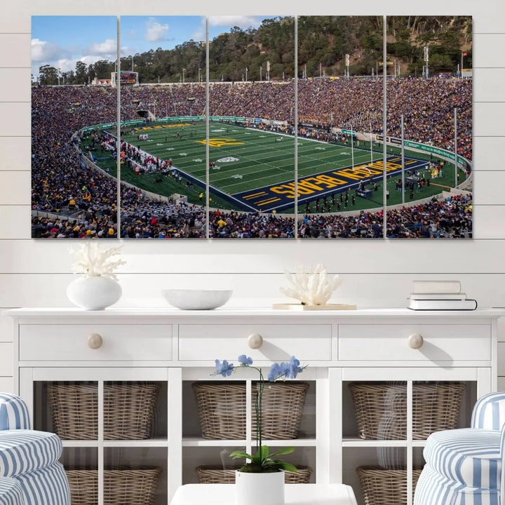 A large depiction of the University of California Golden Bears Football Team is captured in a stunning canvas print of Berkeley California Memorial Stadium. This artwork is split into three canvases with a gallery-quality finish, transforming the room into a contemporary display of wall art.