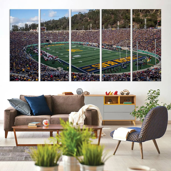 A large depiction of the University of California Golden Bears Football Team is captured in a stunning canvas print of Berkeley California Memorial Stadium. This artwork is split into three canvases with a gallery-quality finish, transforming the room into a contemporary display of wall art.