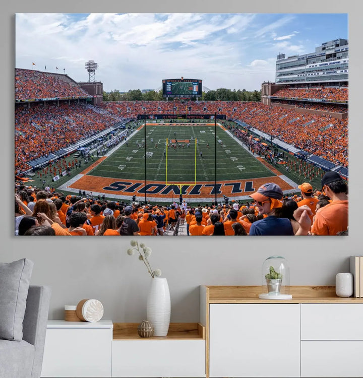 A University of Illinois Fighting Illini Football Team triptych print of Champaign Illinois Memorial Stadium adorns the wall, showcasing a gallery-quality finish that enhances the space.