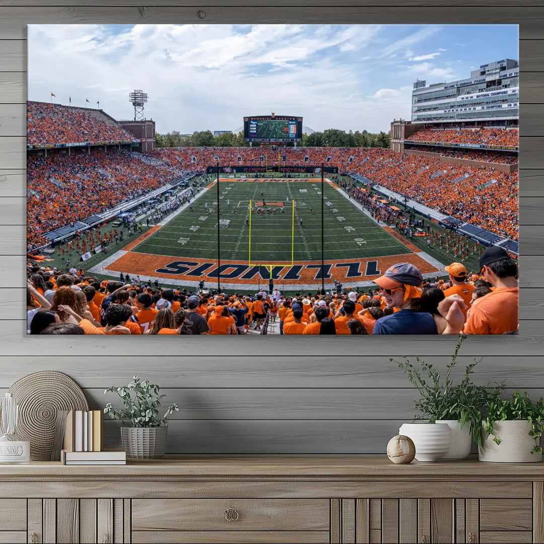 A University of Illinois Fighting Illini Football Team triptych print of Champaign Illinois Memorial Stadium adorns the wall, showcasing a gallery-quality finish that enhances the space.