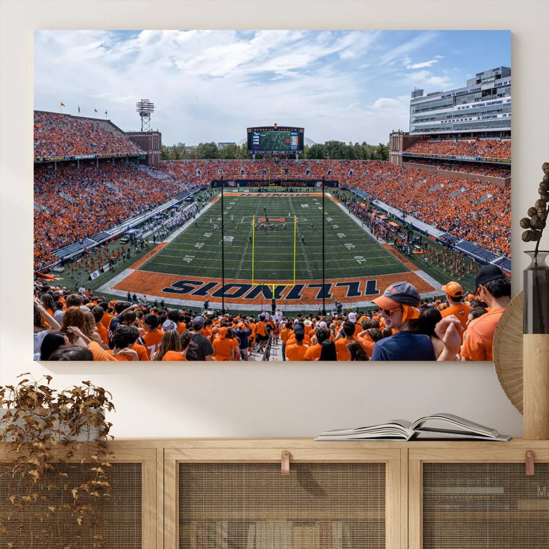 A University of Illinois Fighting Illini Football Team triptych print of Champaign Illinois Memorial Stadium adorns the wall, showcasing a gallery-quality finish that enhances the space.