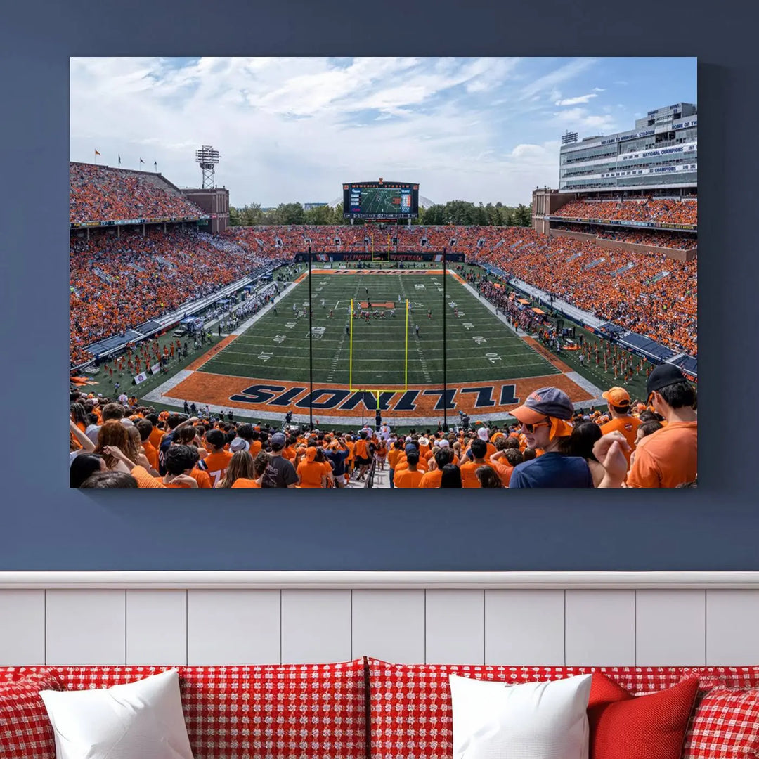 A University of Illinois Fighting Illini Football Team triptych print of Champaign Illinois Memorial Stadium adorns the wall, showcasing a gallery-quality finish that enhances the space.