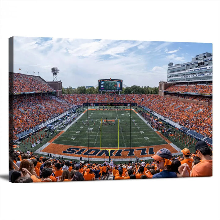 A University of Illinois Fighting Illini Football Team triptych print of Champaign Illinois Memorial Stadium adorns the wall, showcasing a gallery-quality finish that enhances the space.