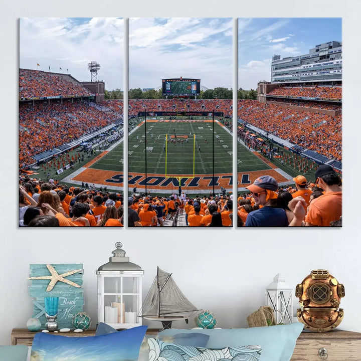 A University of Illinois Fighting Illini Football Team triptych print of Champaign Illinois Memorial Stadium adorns the wall, showcasing a gallery-quality finish that enhances the space.