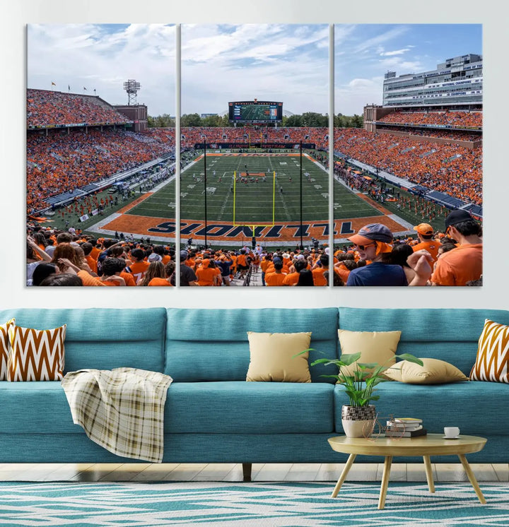 A University of Illinois Fighting Illini Football Team triptych print of Champaign Illinois Memorial Stadium adorns the wall, showcasing a gallery-quality finish that enhances the space.