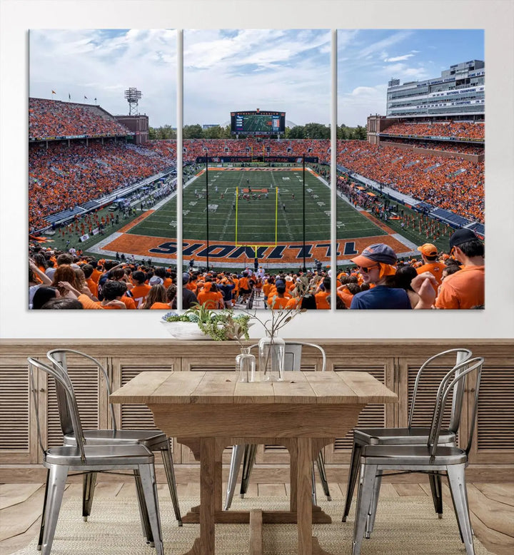 A University of Illinois Fighting Illini Football Team triptych print of Champaign Illinois Memorial Stadium adorns the wall, showcasing a gallery-quality finish that enhances the space.