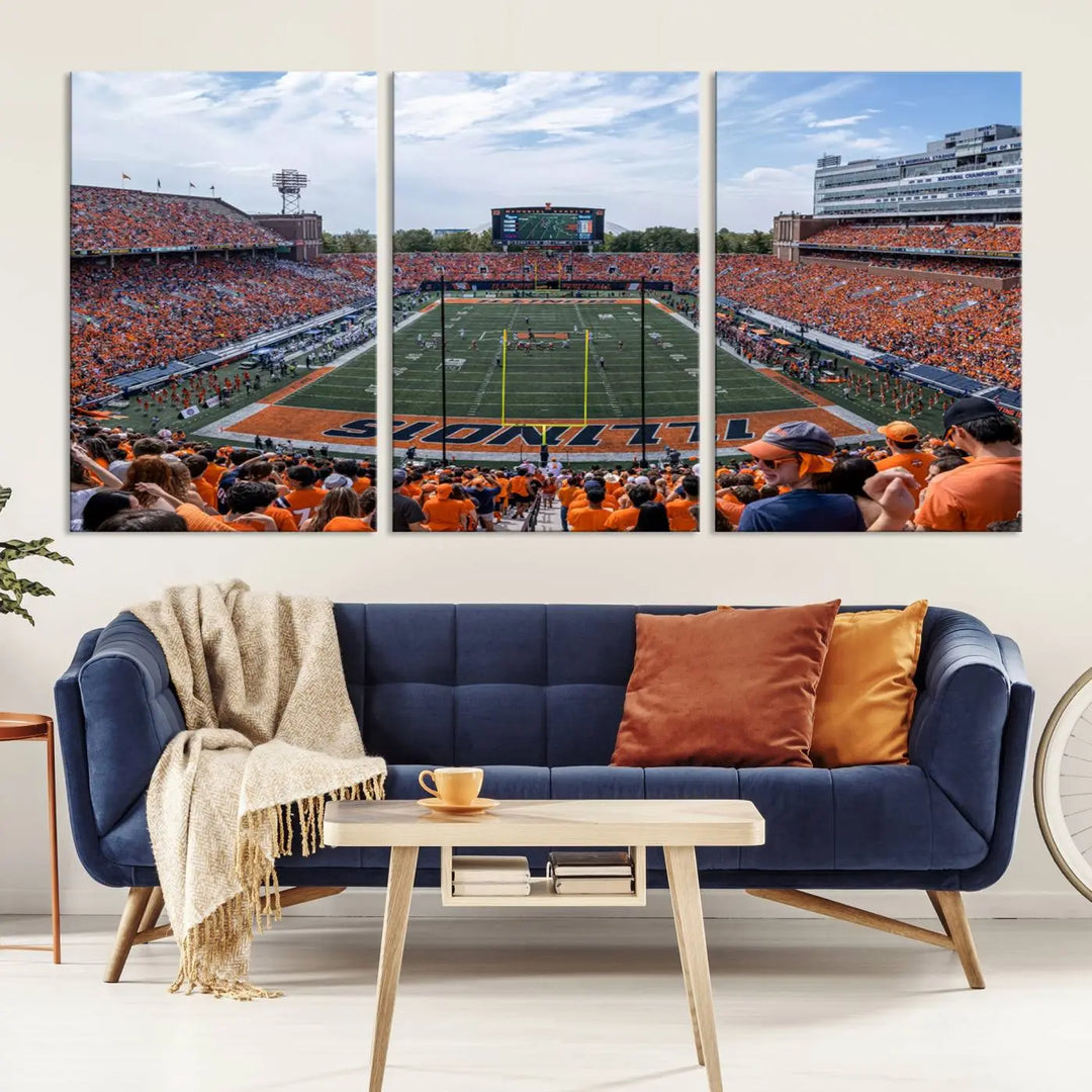 A University of Illinois Fighting Illini Football Team triptych print of Champaign Illinois Memorial Stadium adorns the wall, showcasing a gallery-quality finish that enhances the space.