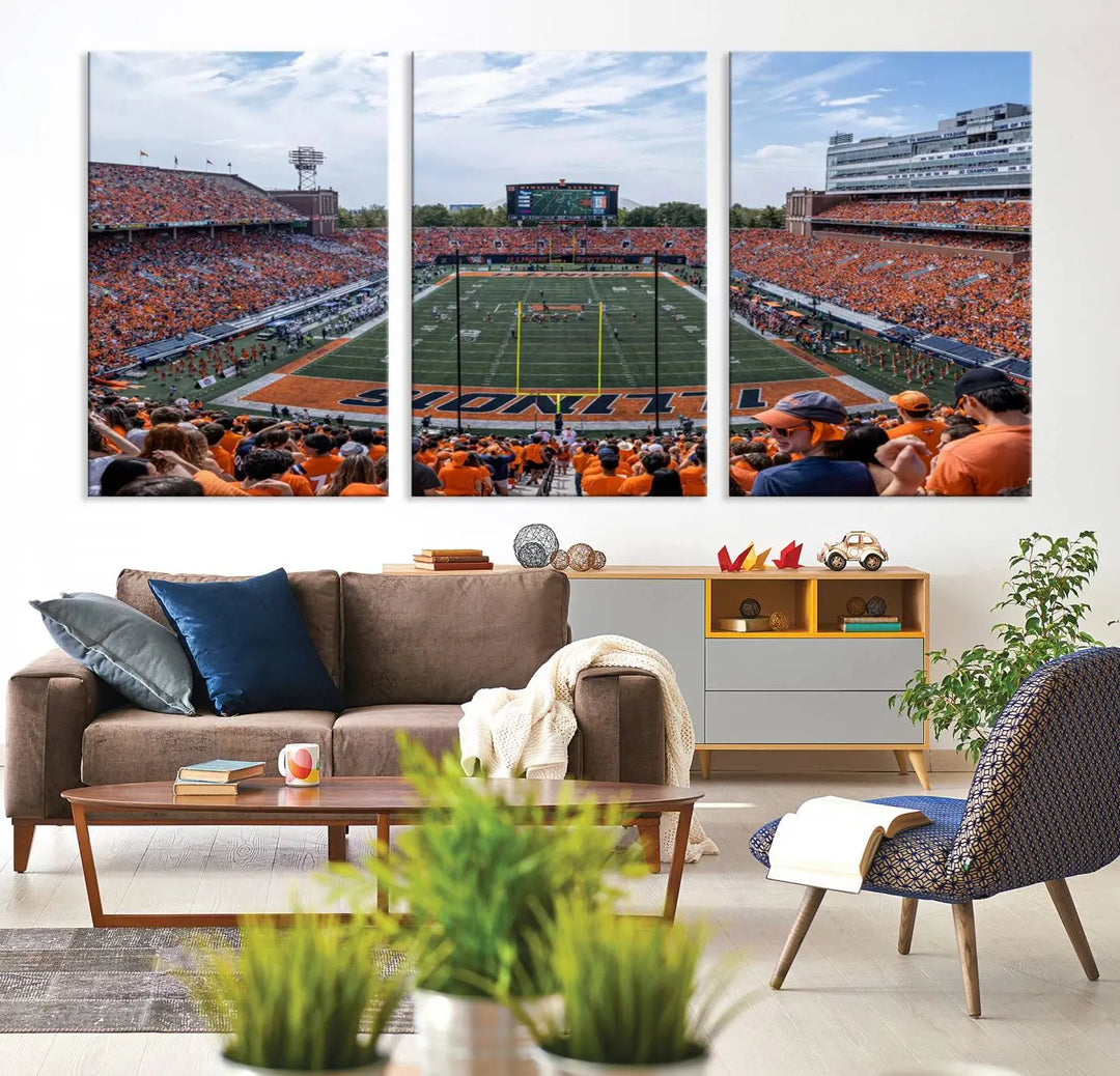 A University of Illinois Fighting Illini Football Team triptych print of Champaign Illinois Memorial Stadium adorns the wall, showcasing a gallery-quality finish that enhances the space.