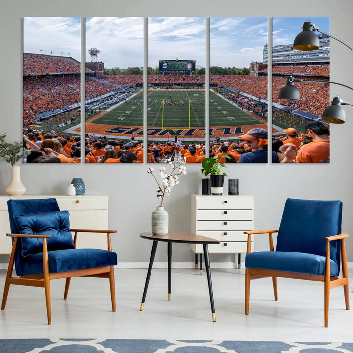 A University of Illinois Fighting Illini Football Team triptych print of Champaign Illinois Memorial Stadium adorns the wall, showcasing a gallery-quality finish that enhances the space.