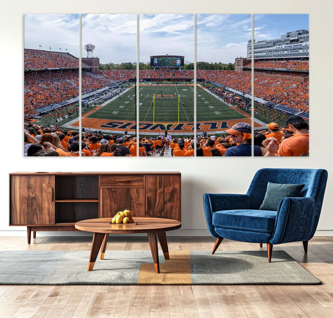 A University of Illinois Fighting Illini Football Team triptych print of Champaign Illinois Memorial Stadium adorns the wall, showcasing a gallery-quality finish that enhances the space.