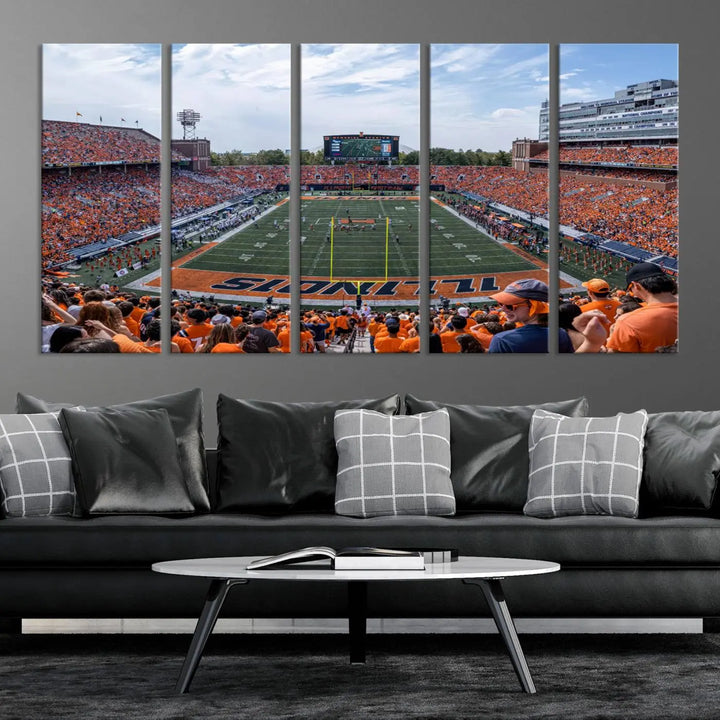 A University of Illinois Fighting Illini Football Team triptych print of Champaign Illinois Memorial Stadium adorns the wall, showcasing a gallery-quality finish that enhances the space.